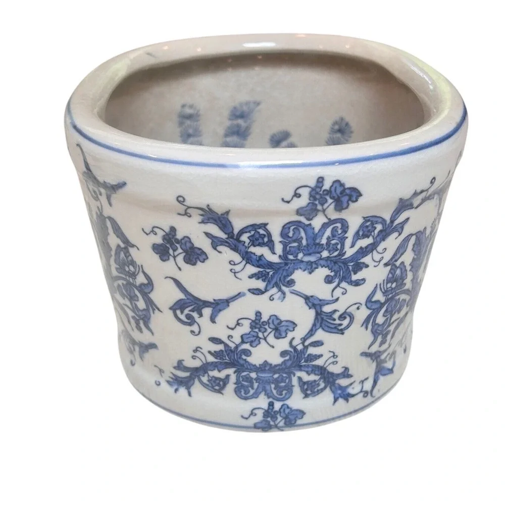 Vintage Blue and White Porcelain Oval Planter Cherub Fish Motif Crackle Glaze